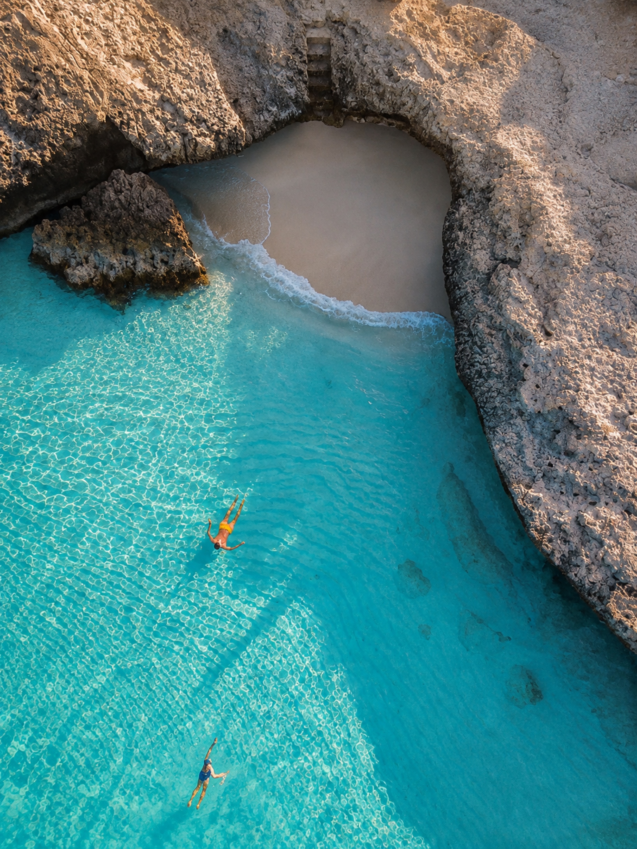 Aerial view of turquoise water, swimmers and a small beach enclosed by rocky cliffs